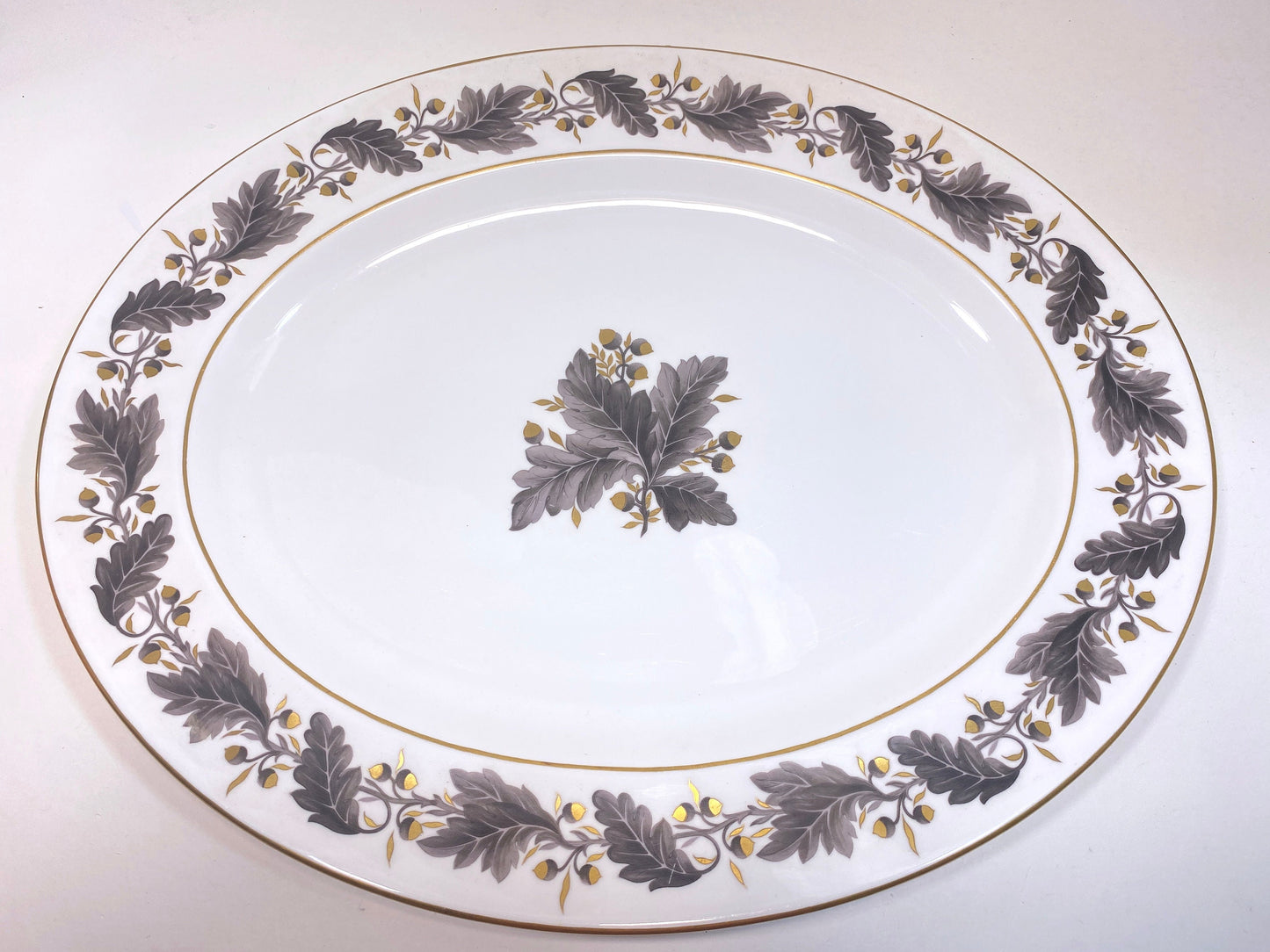 Royal Crown Derby "Portman Oak" pattern round platter, bone china, gold accent, made in England, ca.1940