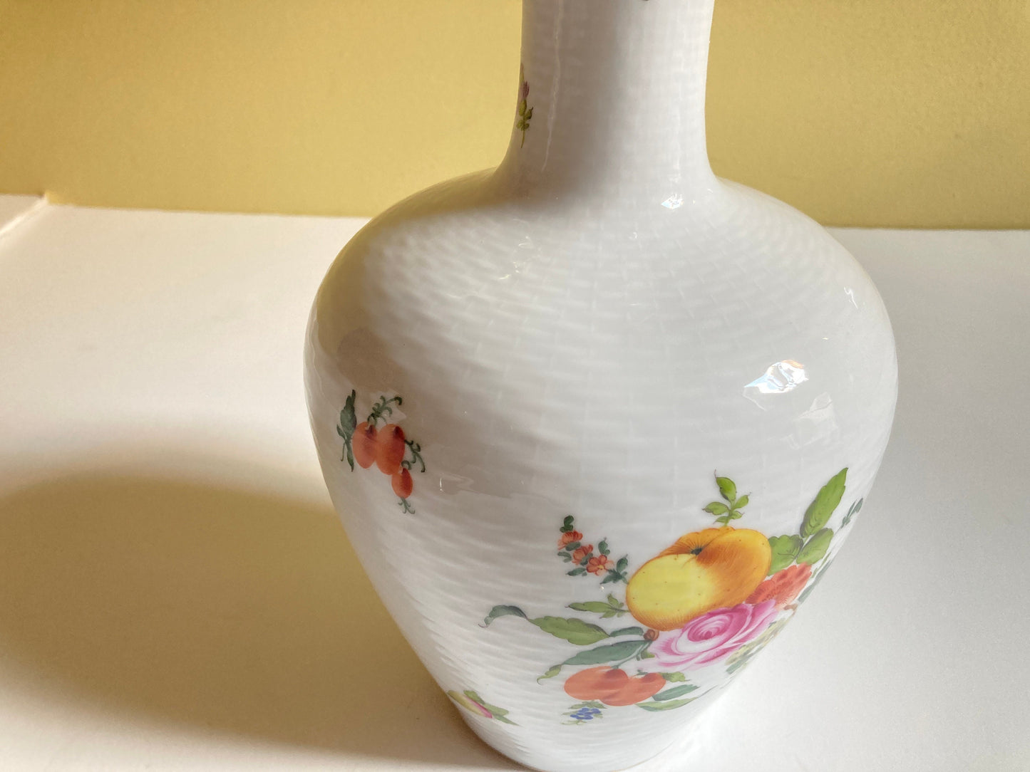 Large Herend Fruits & Flowers vase, basket weave design, 24k accents, 11'' T, ca. 1960s, rare