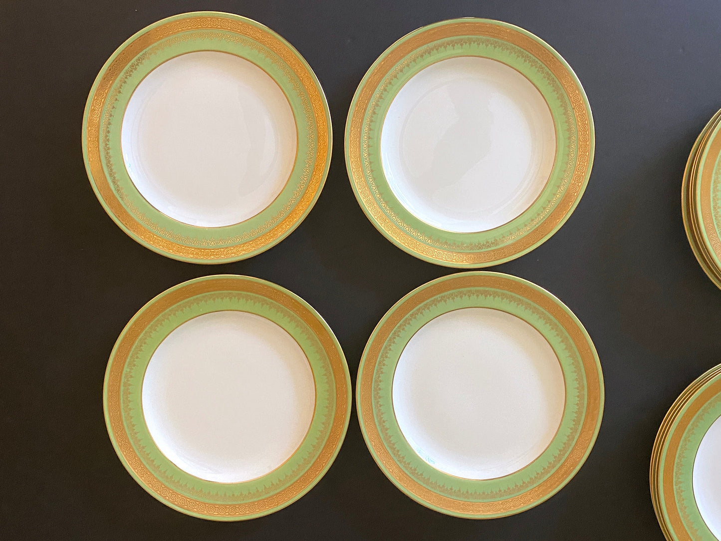 Antique Wedgwood dessert plates, set of 11, gold encrusted green border, 7 inches, bone china, circa 1900s, excellent