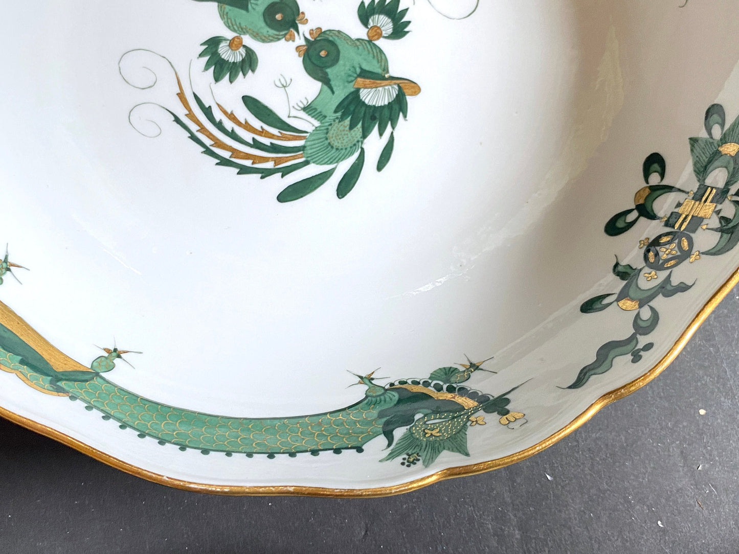 Gorgeous Meissen Rich Court dragon (Green) & Phoenix birds motif serving bowl, gold, 1st quality, excellent!