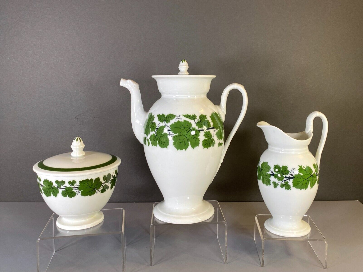 Meissen coffee service, green vine, w/snake/dragon shape handles and spout, 19C.