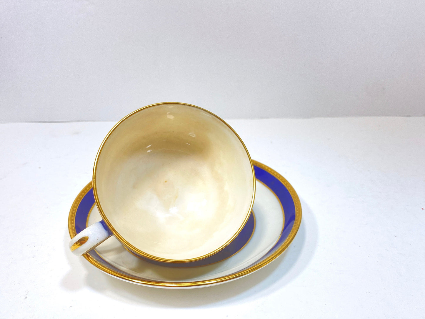 Set of 12 (35pcs) Tiffany & Co Mintons bone china teacups and plats, blue band and gold decoration, ca. 1900, stunning