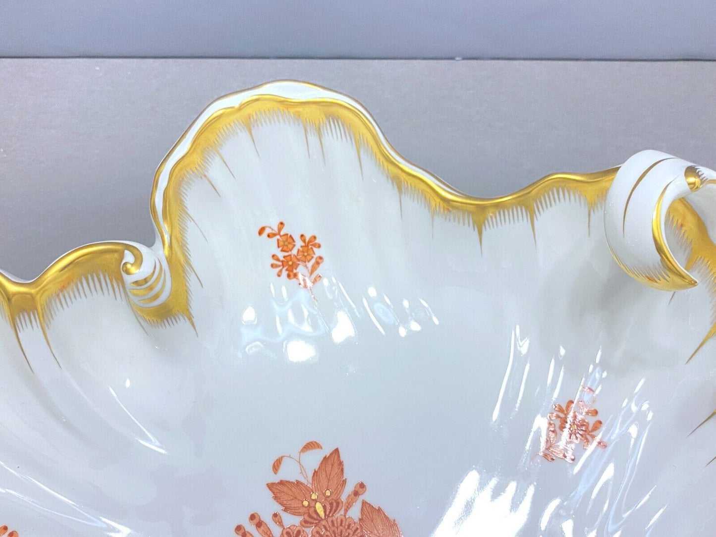 Herend Chinese Bouquet Rust (Apponyi Orange) LARGE Rococo /Wave/leaf dish, NICE