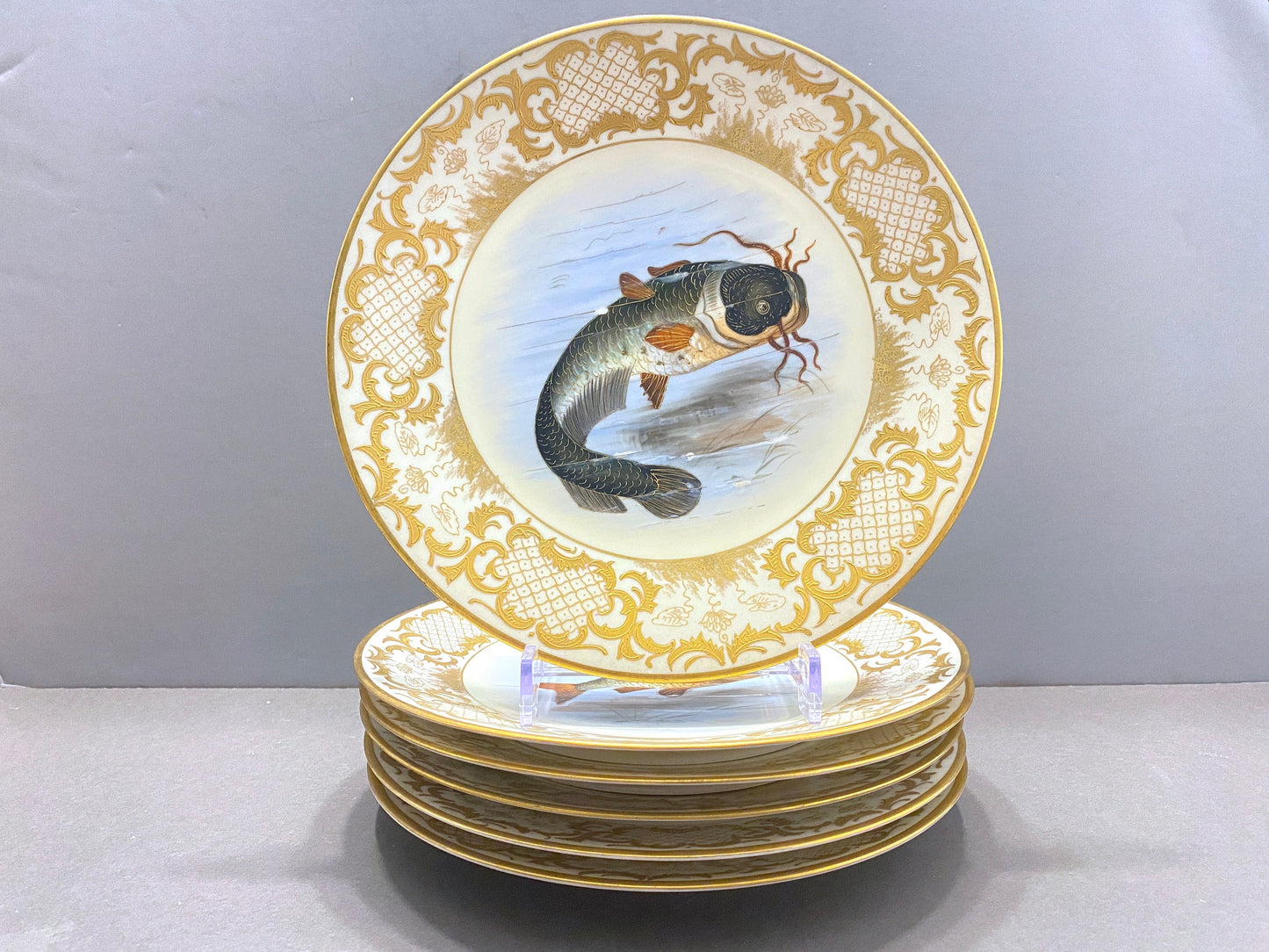 Rare!Antique Limoges Imperial Vienna for Ovington Brothers New York gold encrusted hand-painted fish Plates, set of 6, ca. 1900s, Gorgeous!