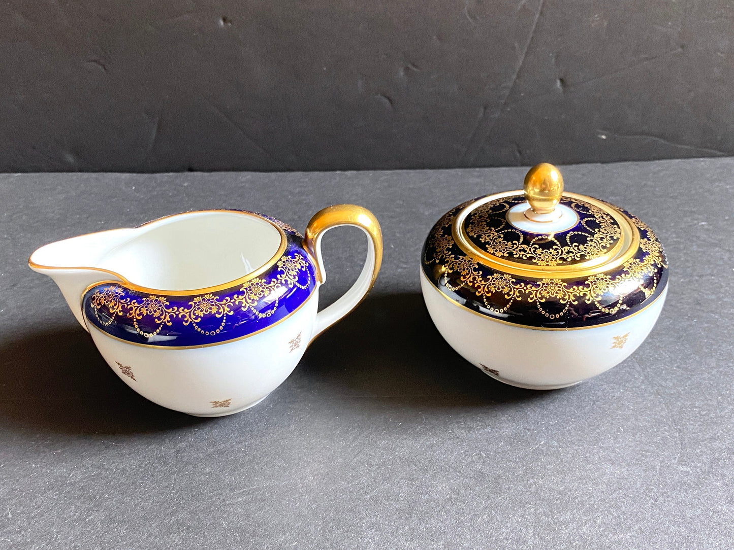 Johann Haviland cobalt blue and gold accent creamer and lidded sugar bowl, ca.1930-50, mint