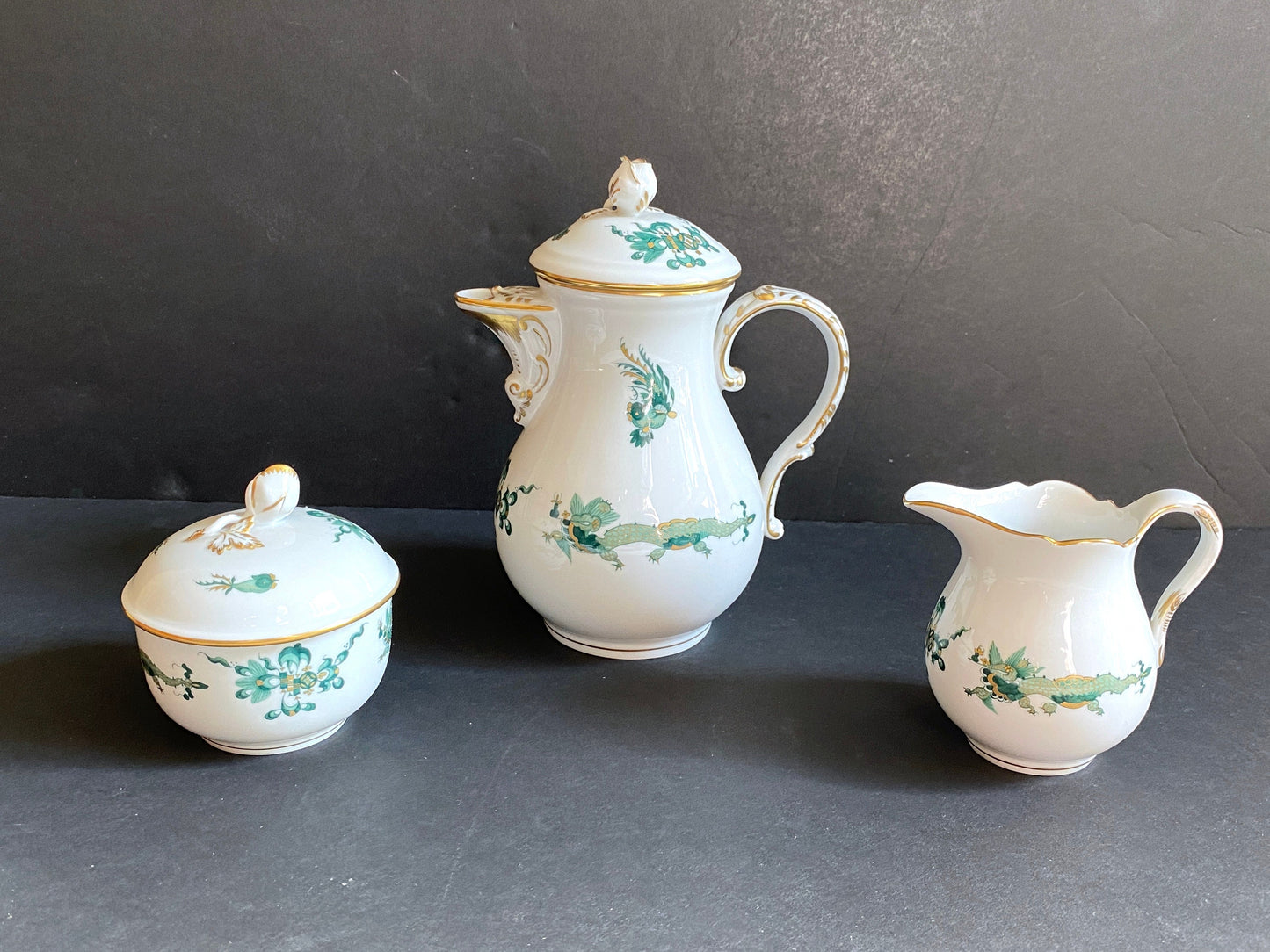 Meissen Reicher Court dragon (Green) & Phoenix birds small /demitasse coffee pot, creamer, lidded sugar bowl, gold, 1st quality, exquisite