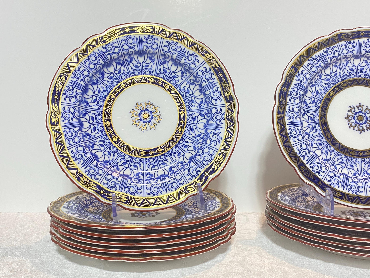 Antique Royal Worcester English Porcelain Blue and White "Royal Lily " Salad plates, set of 12, rare scalloped edges,Circa 1906,