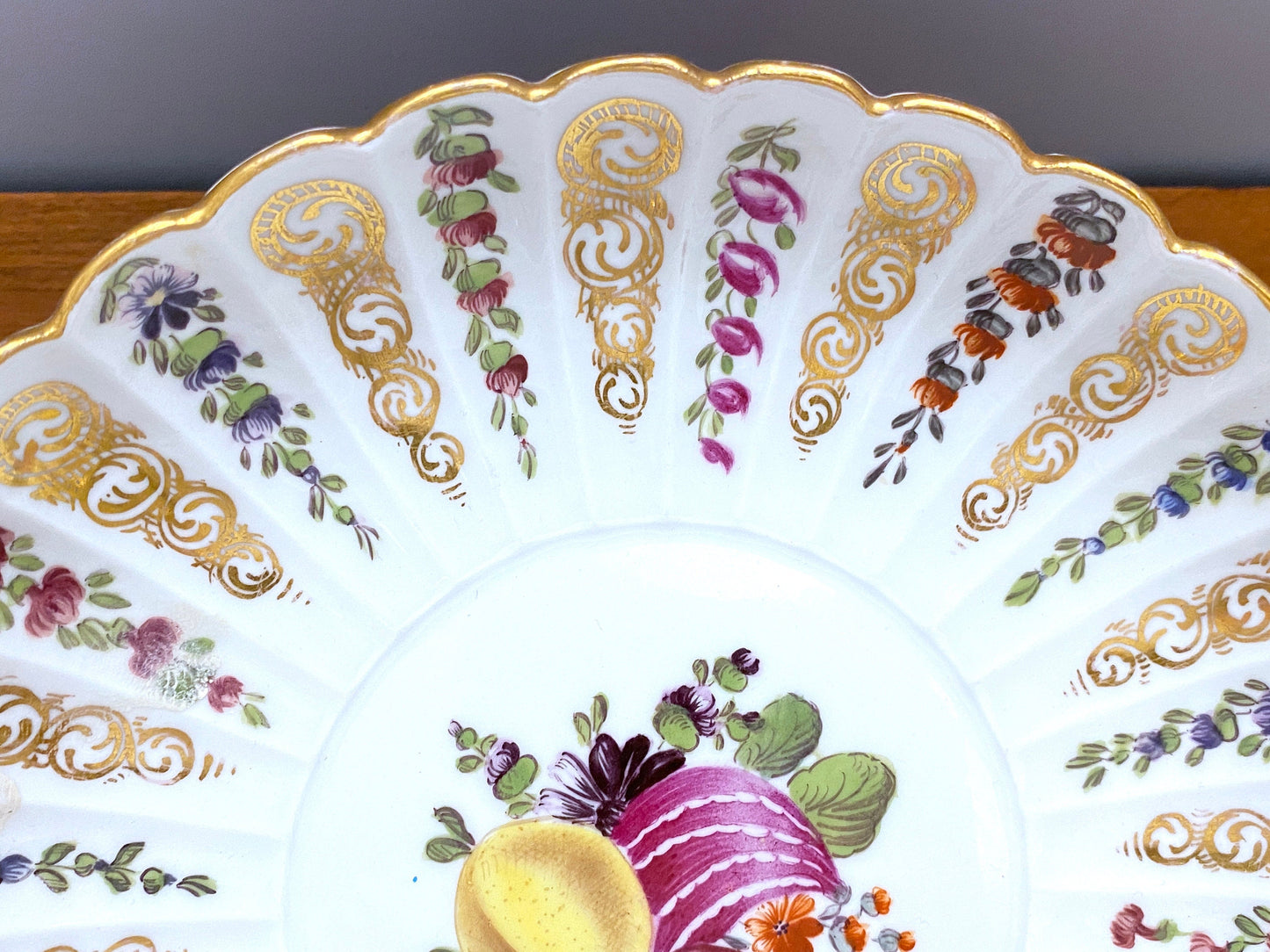 Antique MEISSEN bowl, polychrome floral and fruit painting, flute design, ornamental gilding, 19 century, very rare