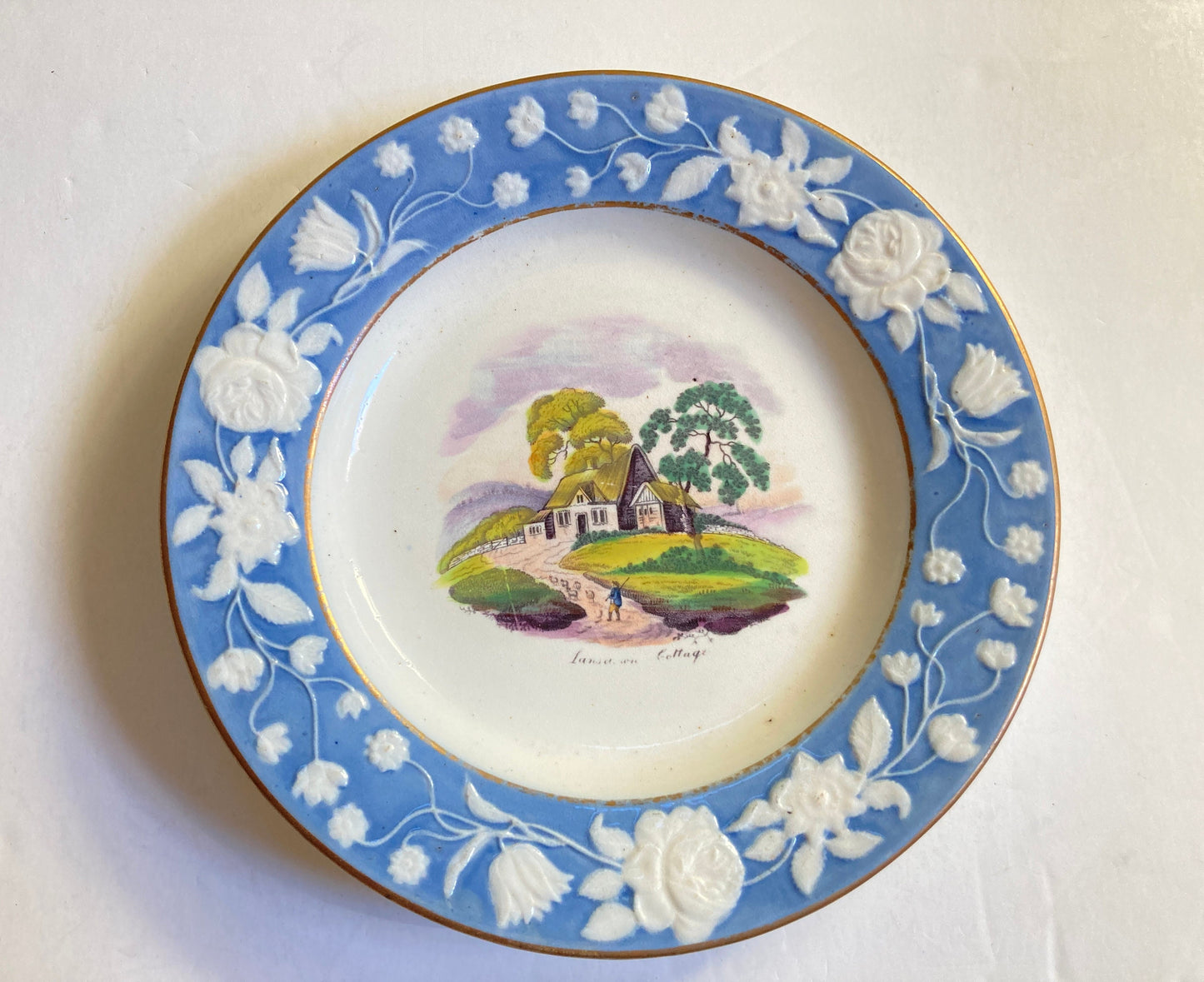 Set of 8x New Hall porcelain English village scene 8'' cabinet plates, collectible, c.1812-1825