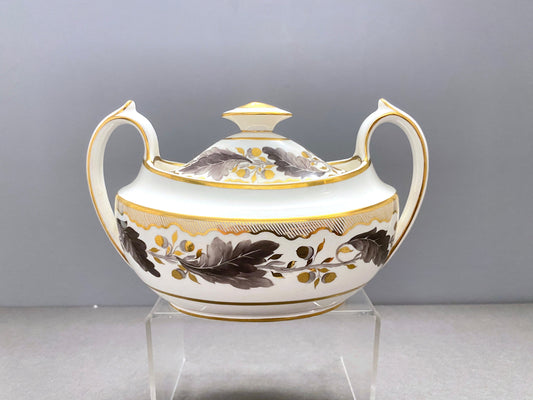 Stunning Tiffany Co. Royal Crown Derby "Portman Oak" pattern lidded sugar bowl with handles, gold accent, ca.1940,rare