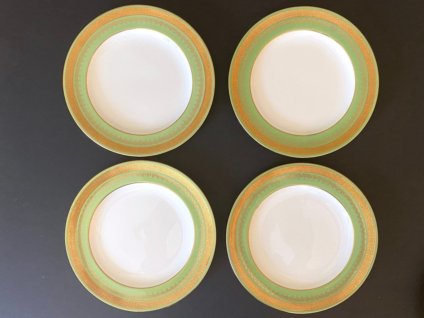 Antique Wedgwood dessert plates, set of 11, gold encrusted green border, 7 inches, bone china, circa 1900s, excellent