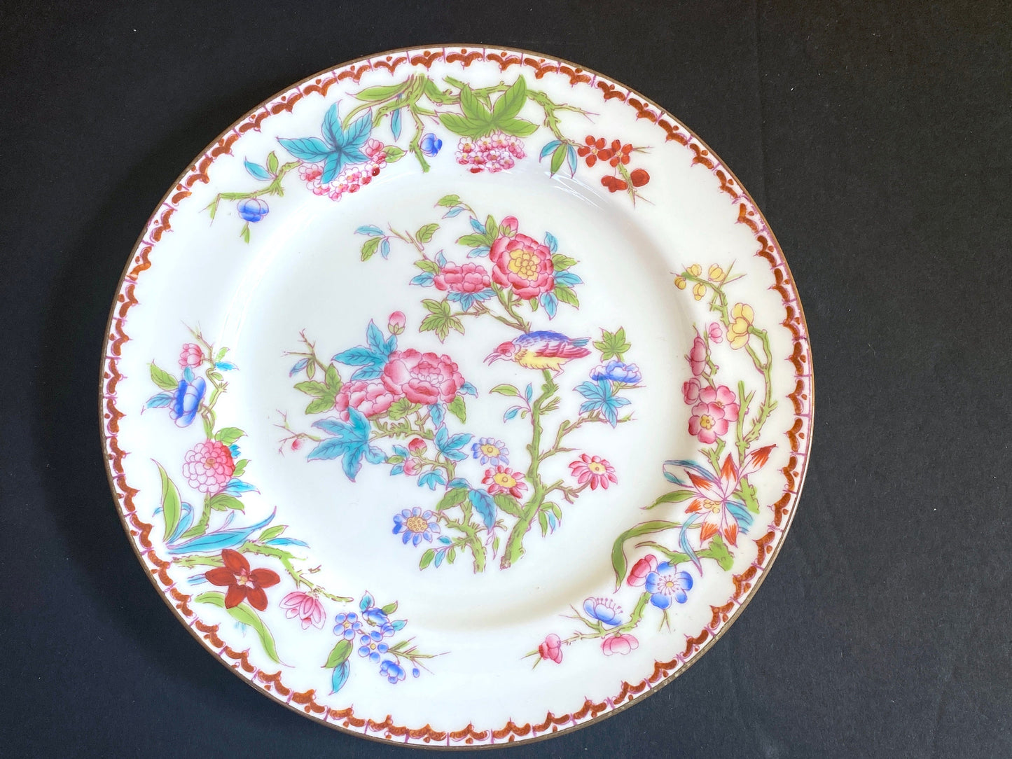 Set of 9 England Minton Pink Peony and Cuckoo Luncheon Plate 9” D , ca. 1920s.pattern number 3934, ca. 1920s