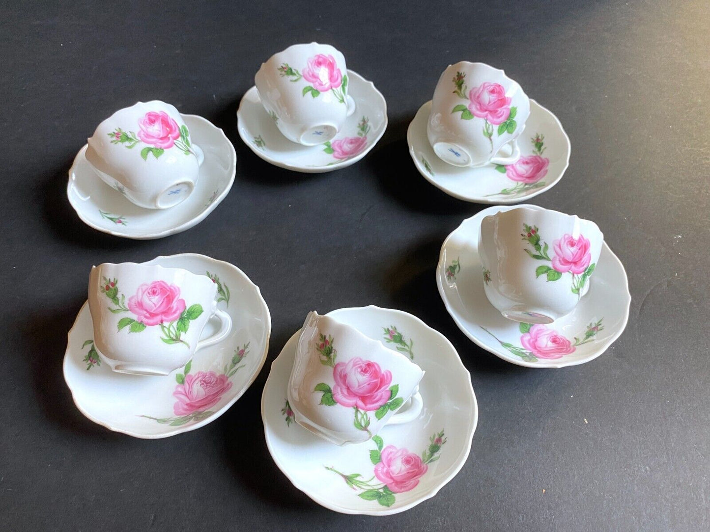 MEISSEN PINK ROSE small Coffee set, coffee cups, sugar bowl,creamer, 1st quality