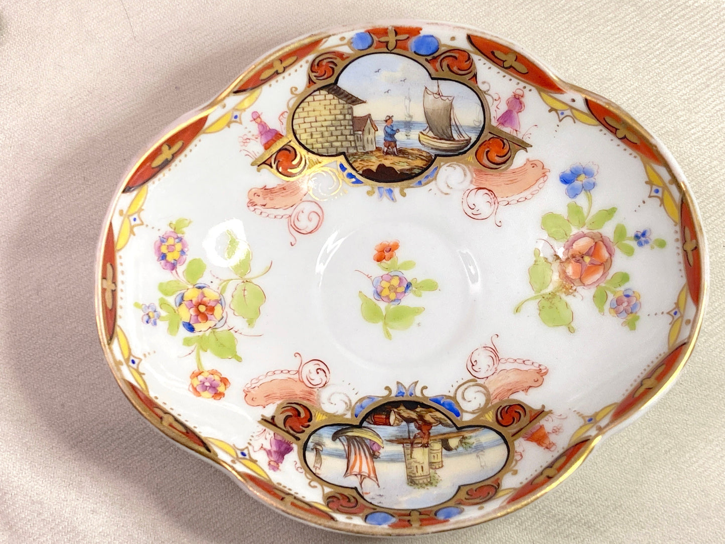 Rare! Meissen Augustus Rex "AR" mark for Helena Wolfsohn Nautical cup and Carl Thieme Quatrefoil saucer, ca.1800s, gold accent