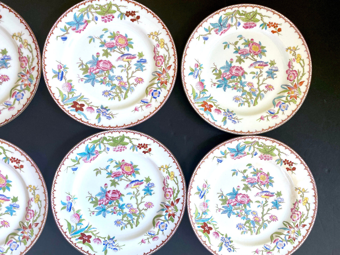 Set of 9 England Minton Pink Peony and Cuckoo Luncheon Plate 9” D , ca. 1920s.pattern number 3934, ca. 1920s