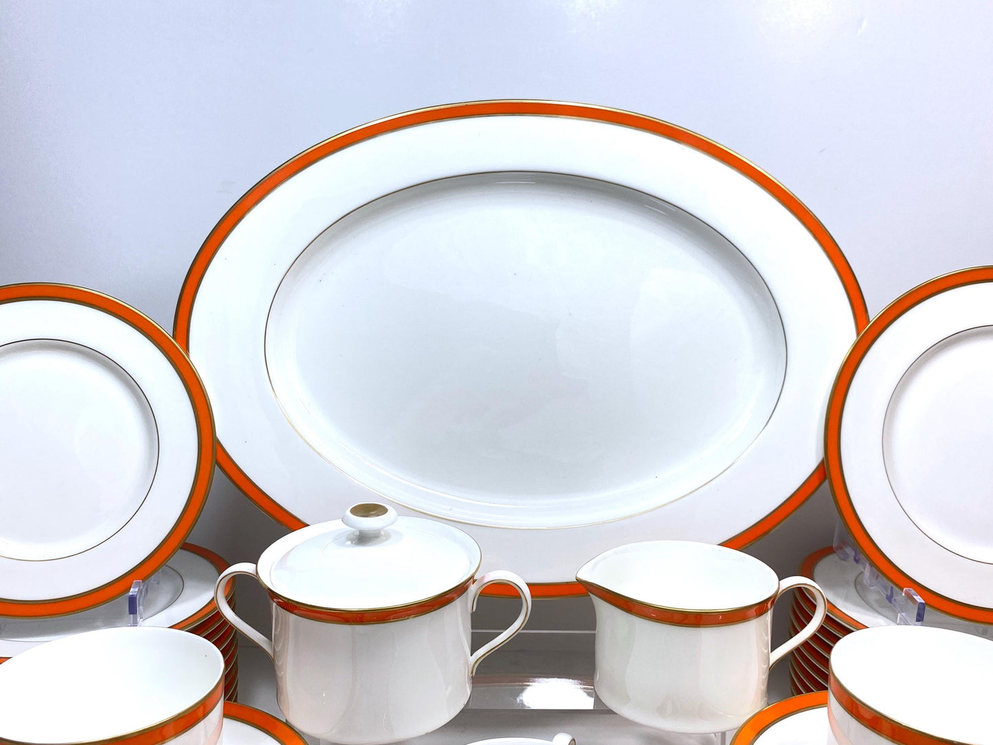 Stunning TIFFANY & CO. "Newport Orange" dinnerware for 12, gold rim, 51 pieces, Mint condition!