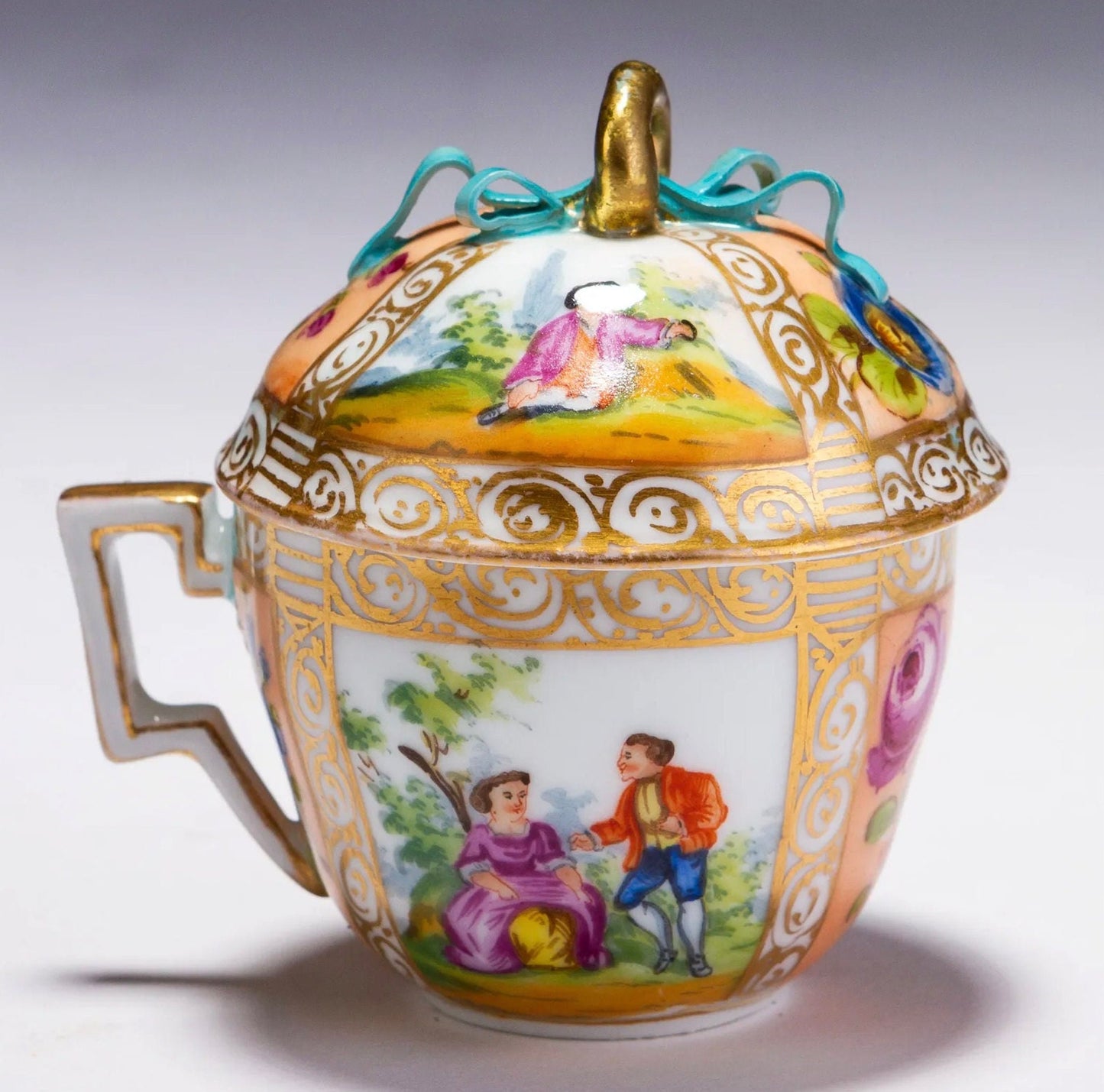 Rare! Meissen Augustus Rex "AR" mark Porcelain Custard cup, for Helena Wolfsohn, handpainted and gold accent, ca.1879, excellent condition