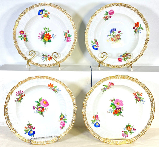 1830s 4 x KPM Berlin Rococo style bowls, flower painting and gilding rim, rare