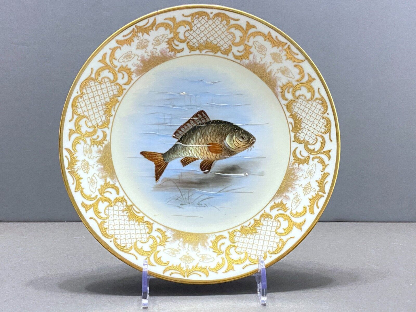 6 x Antique Limoges Imperial Vienna fish plates for Ovington Bro. gold encrusted