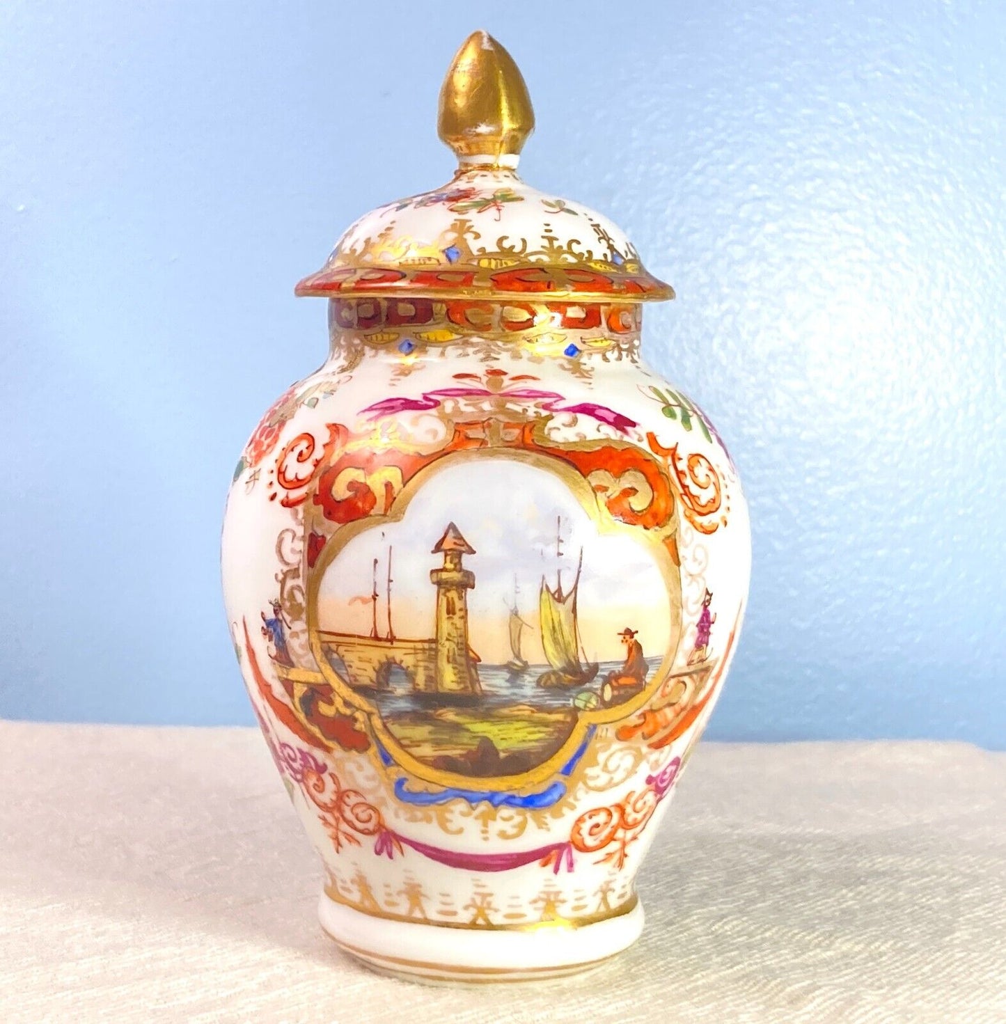 1800s Royal Vienna Porcelain Lidded Jar with Nautical scene, blue beehive mark