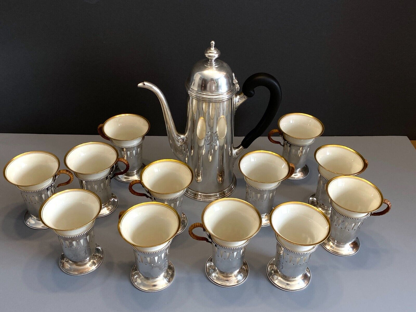 Tiffany Co. Sterling silver coffee pot,12 x Mauser Mfg. Co sterling cup holders