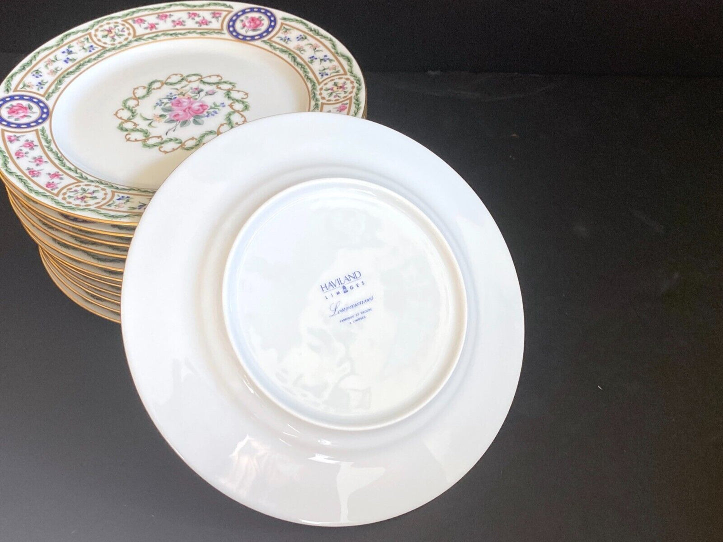 Large Haviland Limoges Louveciennes dinner plates, set 12 , 12 3/8'' Dia, Mint!