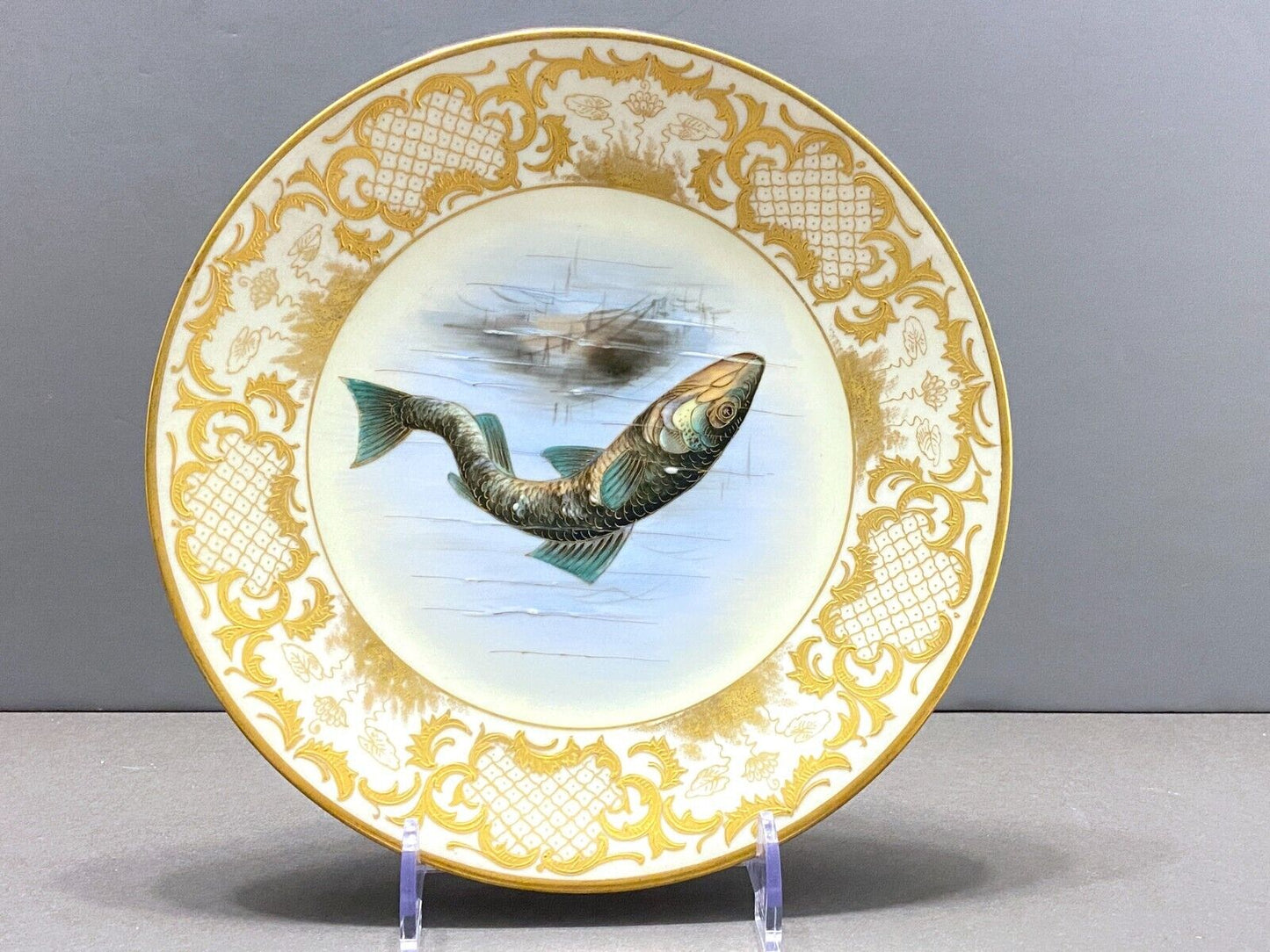 6 x Antique Limoges Imperial Vienna fish plates for Ovington Bro. gold encrusted