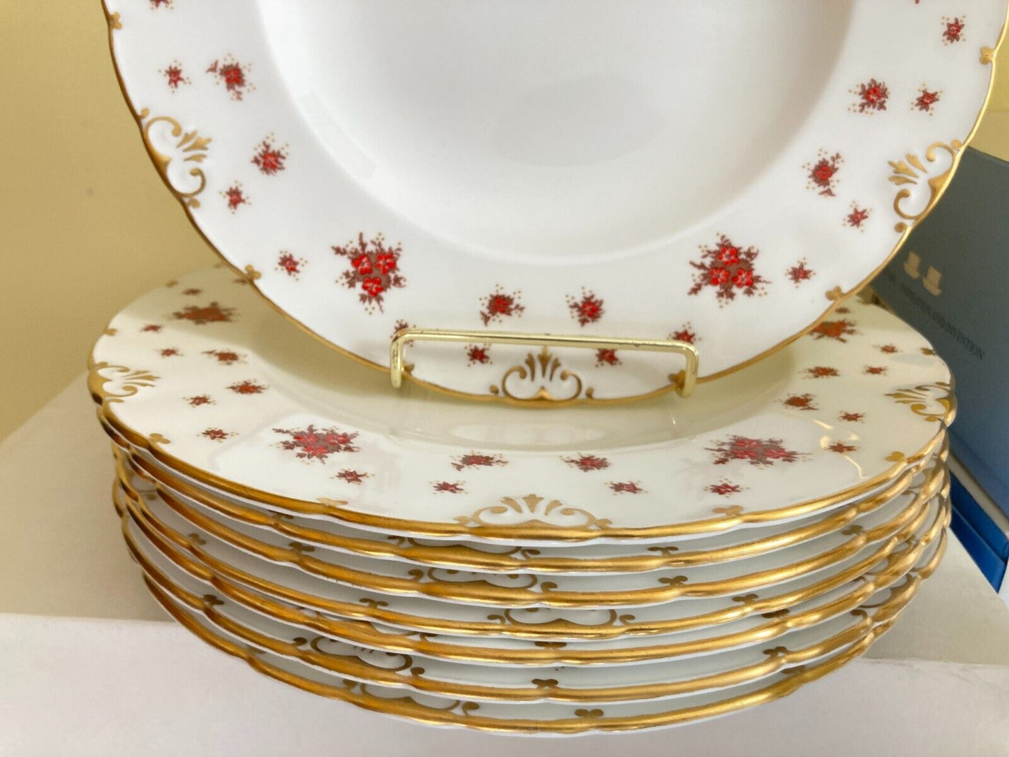 Royal Crown Derby Norfolk #A1217 dinnerware serve 8,raised flower, gold rim,50