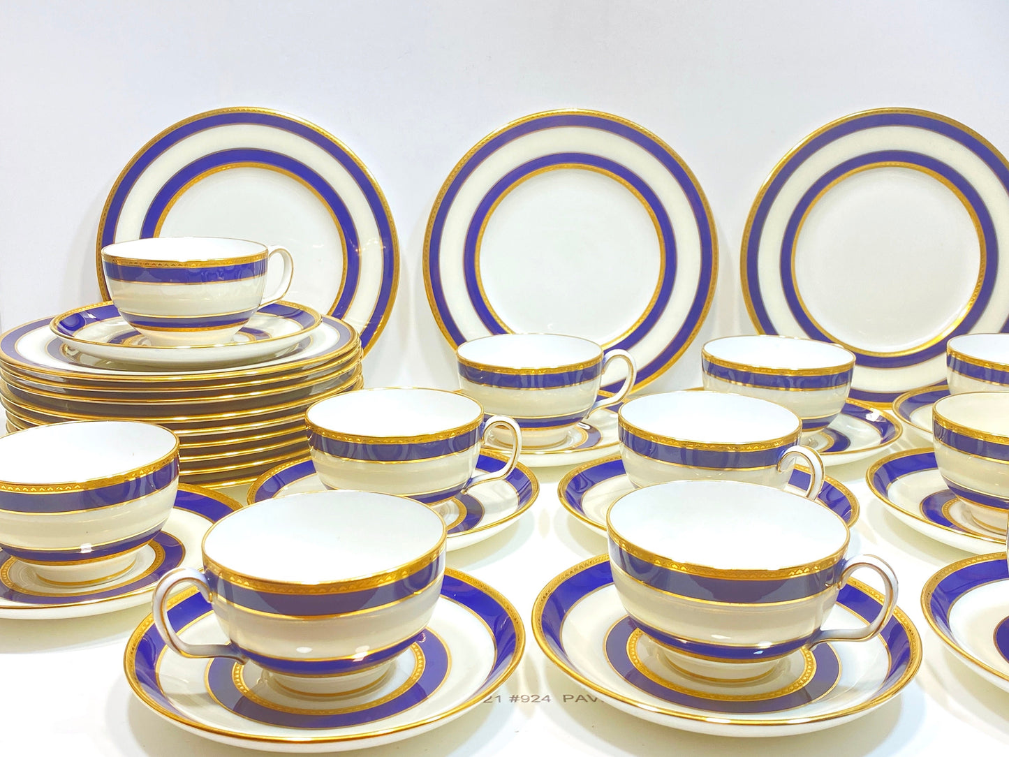 Set of 12 (35pcs) Tiffany & Co Mintons bone china teacups and plats, blue band and gold decoration, ca. 1900, stunning