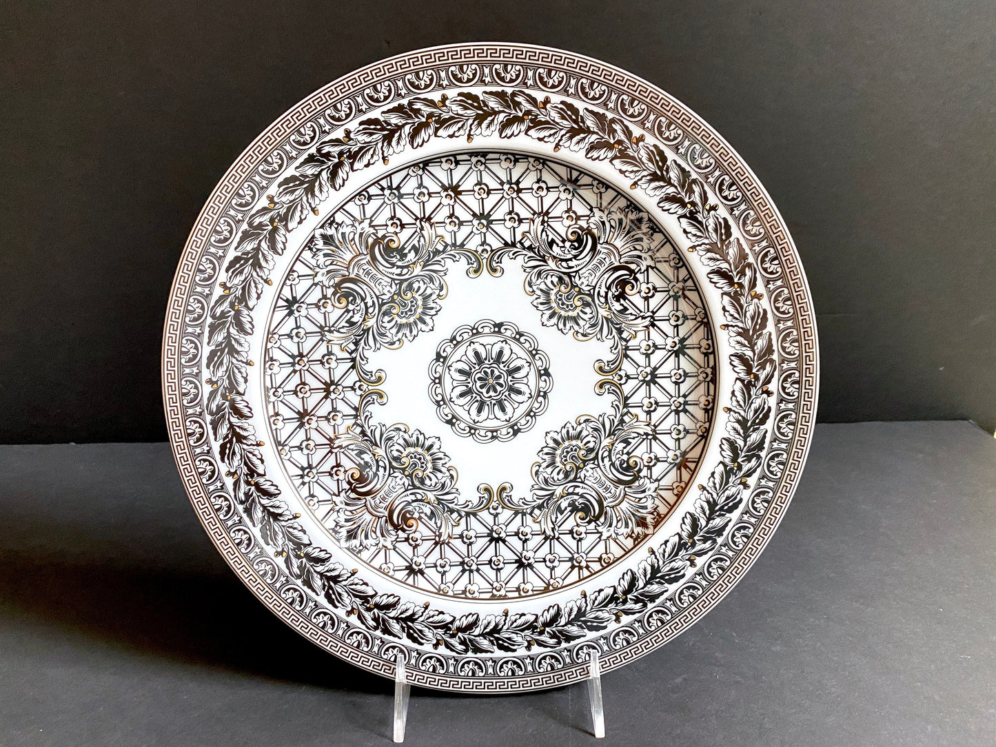 3x Versace "Marqueterie" dinner plates, 8 3/4'' D, by Rosenthal in Germany , black and white pattern with gold accents ,superb!