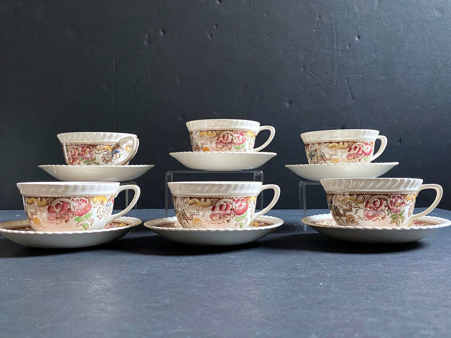 JOHNSON BROTHERS England Ironstone Devonshire pattern teacup and saucer set of 6, brown multicolor, 12pcs, ca. 1940s excellent condition