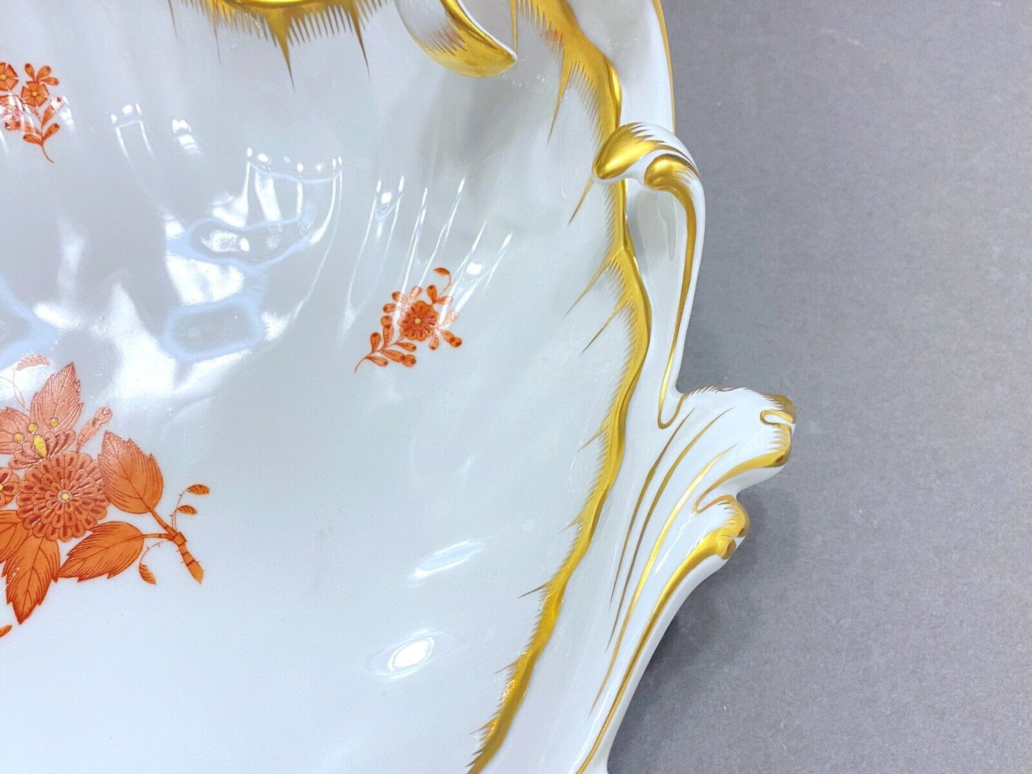 Herend Chinese Bouquet Rust (Apponyi Orange) LARGE Rococo /Wave/leaf dish, NICE