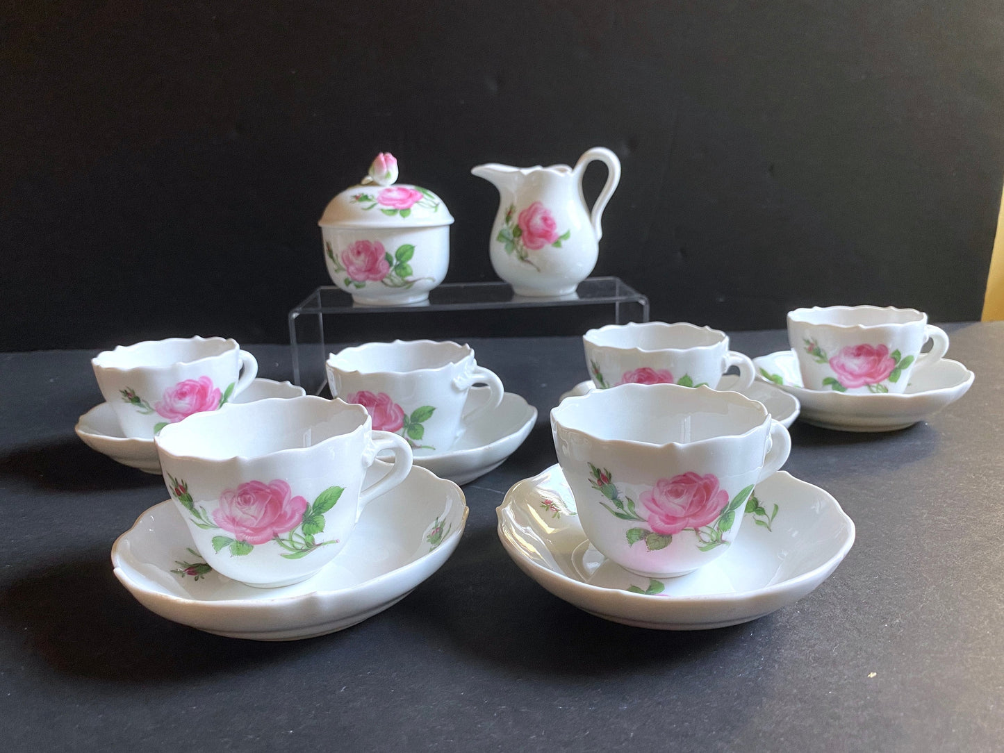 Vintage MEISSEN PINK ROSE mocha/demitasse set, cup & saucers, milk jar, lidded sugar with rose finial, 1st quality, made in Germany