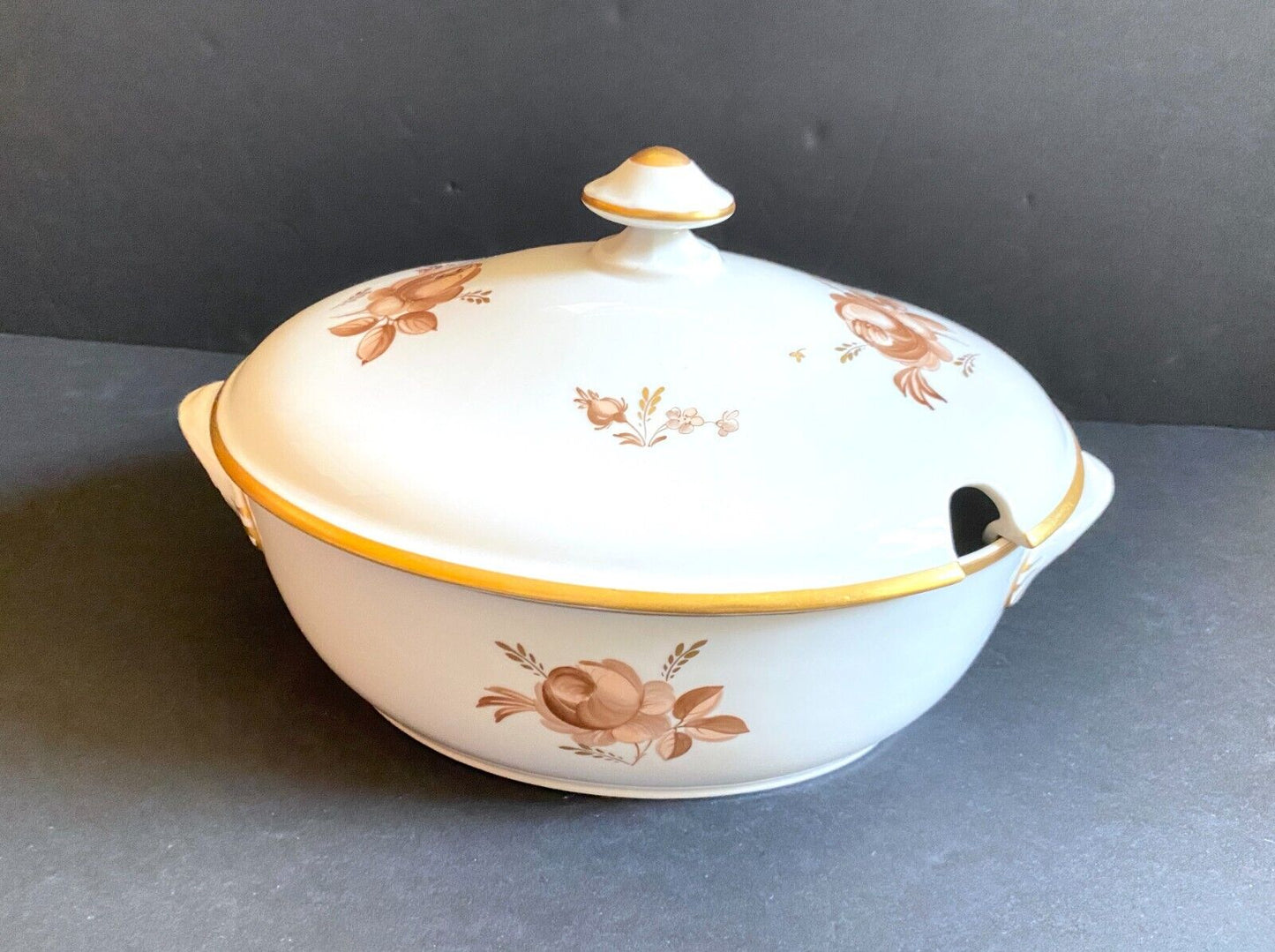 Royal Copenhagen Brown Rose lidded soup tureen with under tray, gold trim