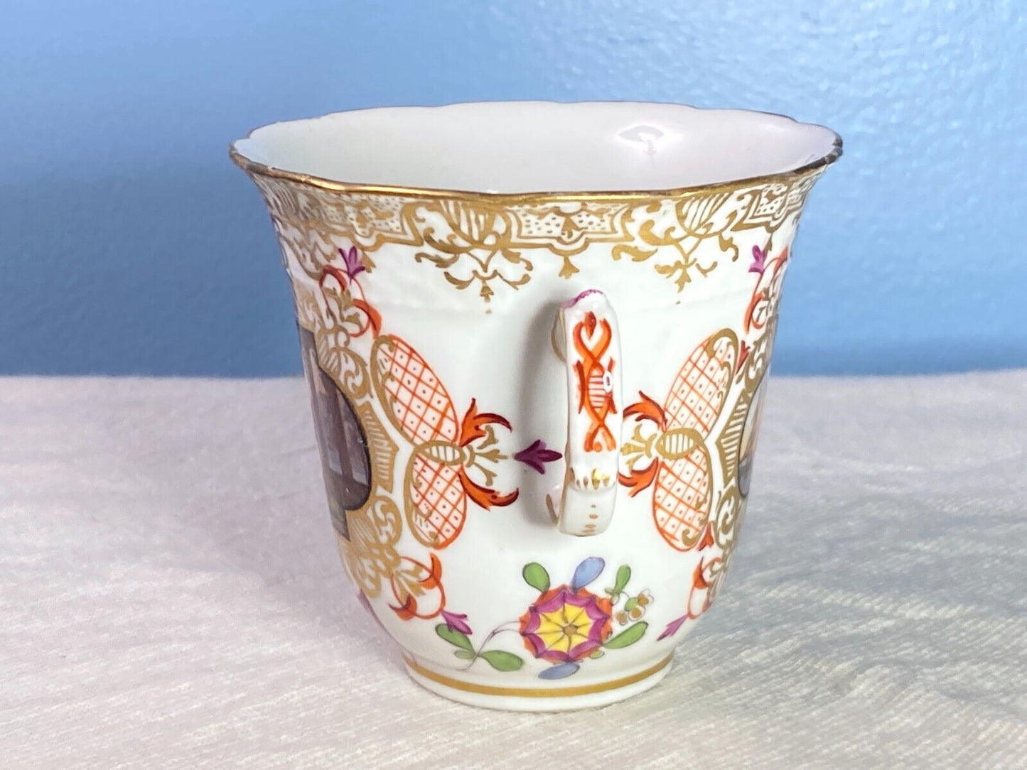 Meissen Augustus Rex for Helena Wolfsohn Nautical cup w/Carl Thieme saucer, 18C.