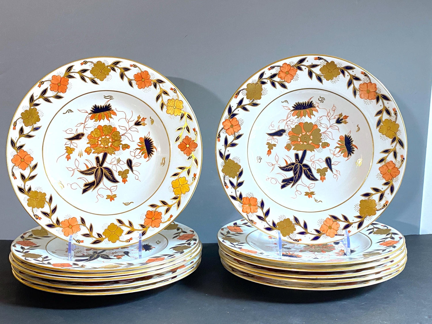 Set 12 Royal Crown Derby ASIAN ROSE" Imari style dinner plates, 10.5'', great condition, bone china, England