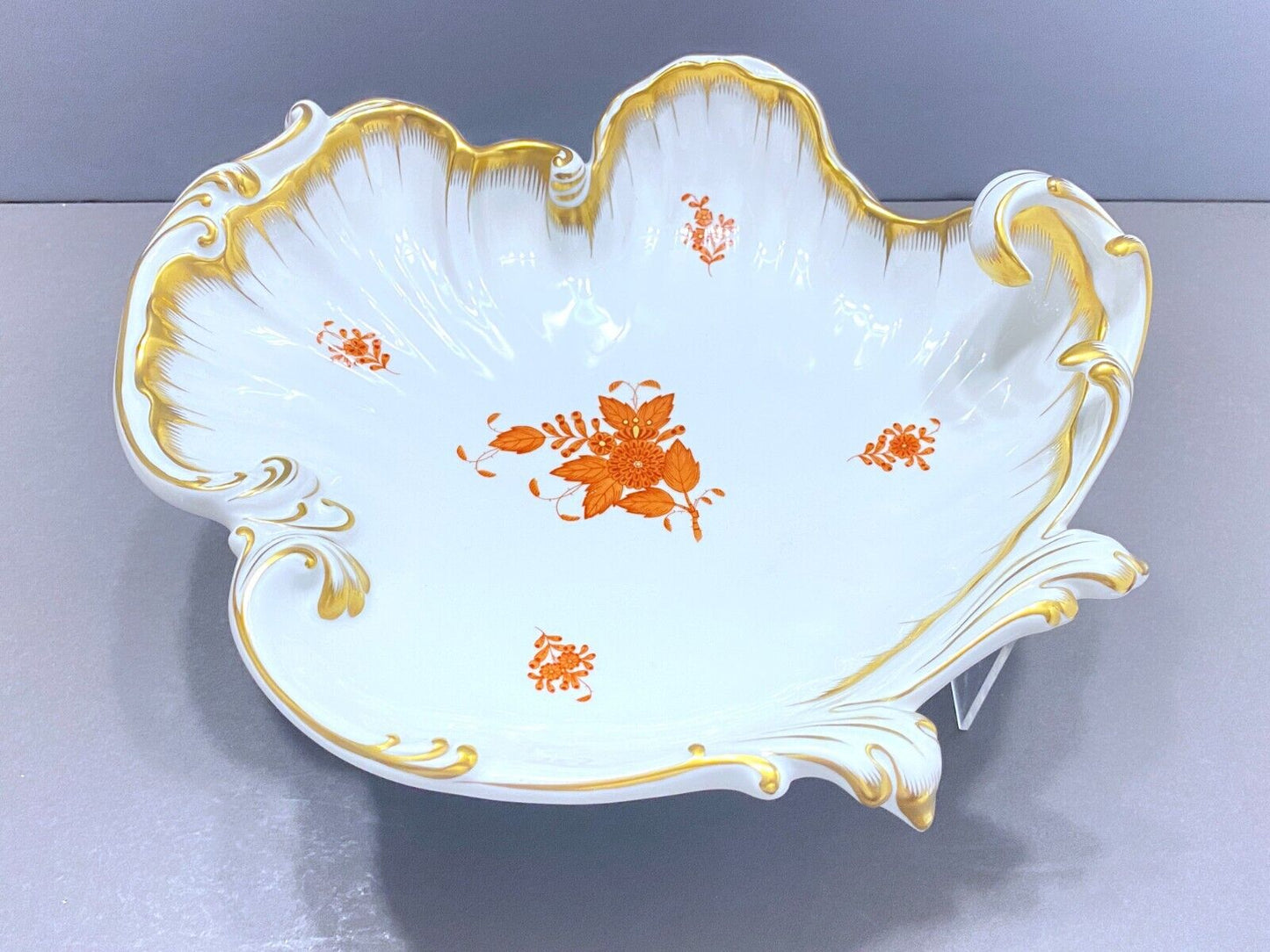 Herend Chinese Bouquet Rust (Apponyi Orange) LARGE Rococo /Wave/leaf dish, NICE