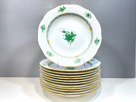 Set 12 Herend Chinese Bouquet Apponyi Green soup bowl/pasta plate, 503/AV, mint