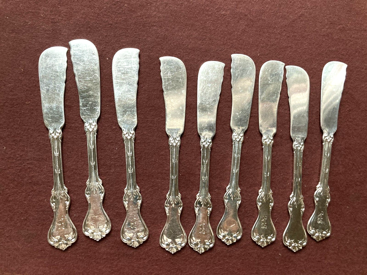 Set 9 Whiting "DUKE OF YORK'' sterling silver butter knives, 6 3/4'' L, Y1900