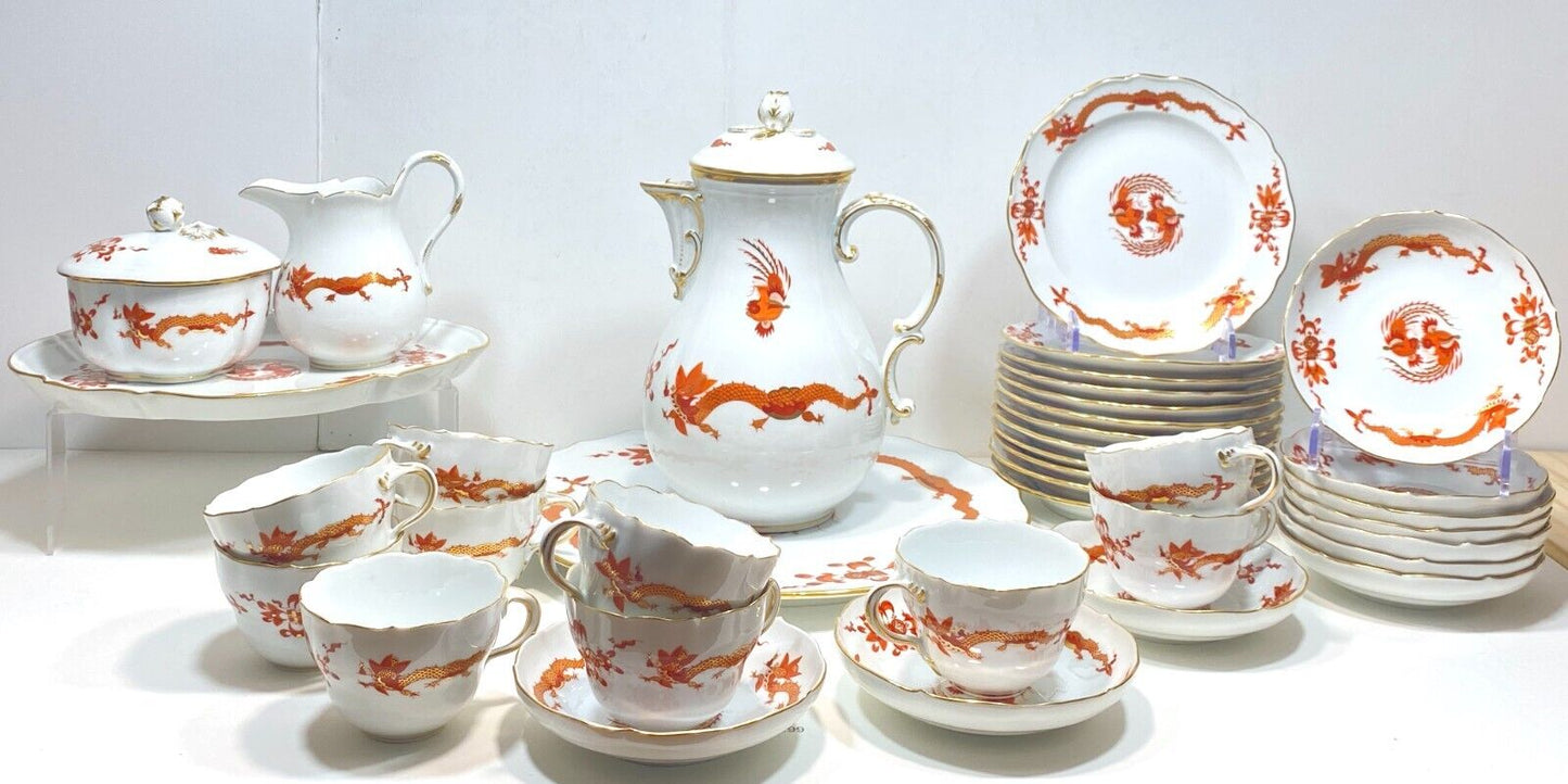 Meissen Reicher Dragon orange/red gilt Coffee Service, plates for 10, 1st, mint