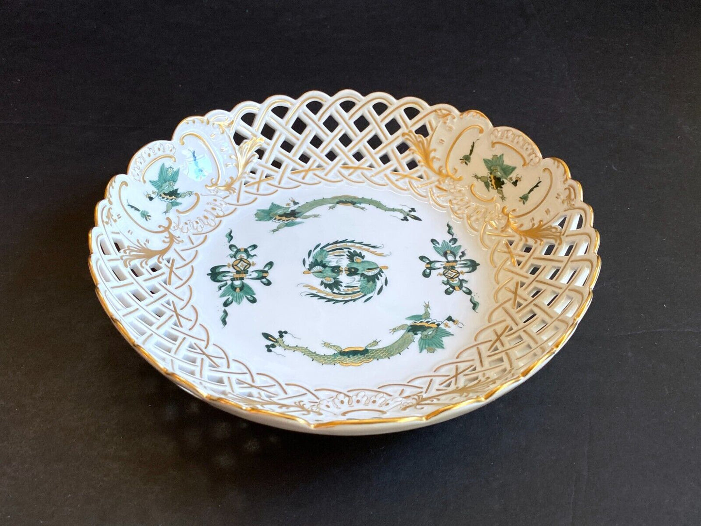 Meissen Reicher Court green dragon &birds pierced center bowl,gold accents, 1st