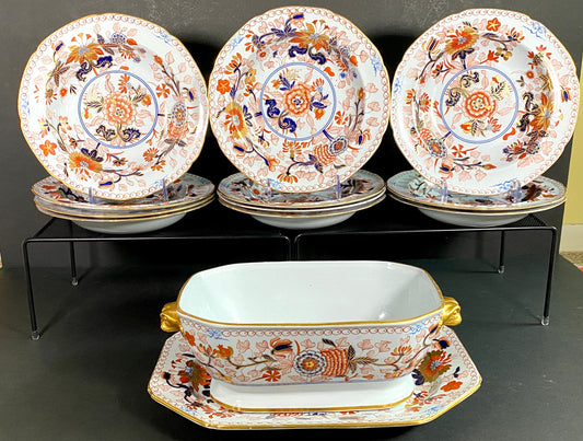 Ca. 1880 Copeland Imari style serving bowl, tray and plates, 13 pcs, gold encrusted. fabulous design and very rare!