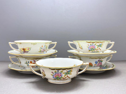 5 sets Herend Hungary "Queen Victoria" bouillon soup bowl & Saucer, #743 VBO, 9 pcs, Pristine condition