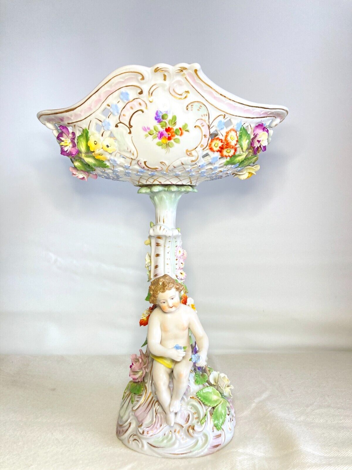 Carl Thieme Potschappel Dresden porcelain floral encrusted Figural centerpiece