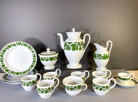 Meissen coffee service, green vine, w/snake/dragon shape handles and spout, 19C.