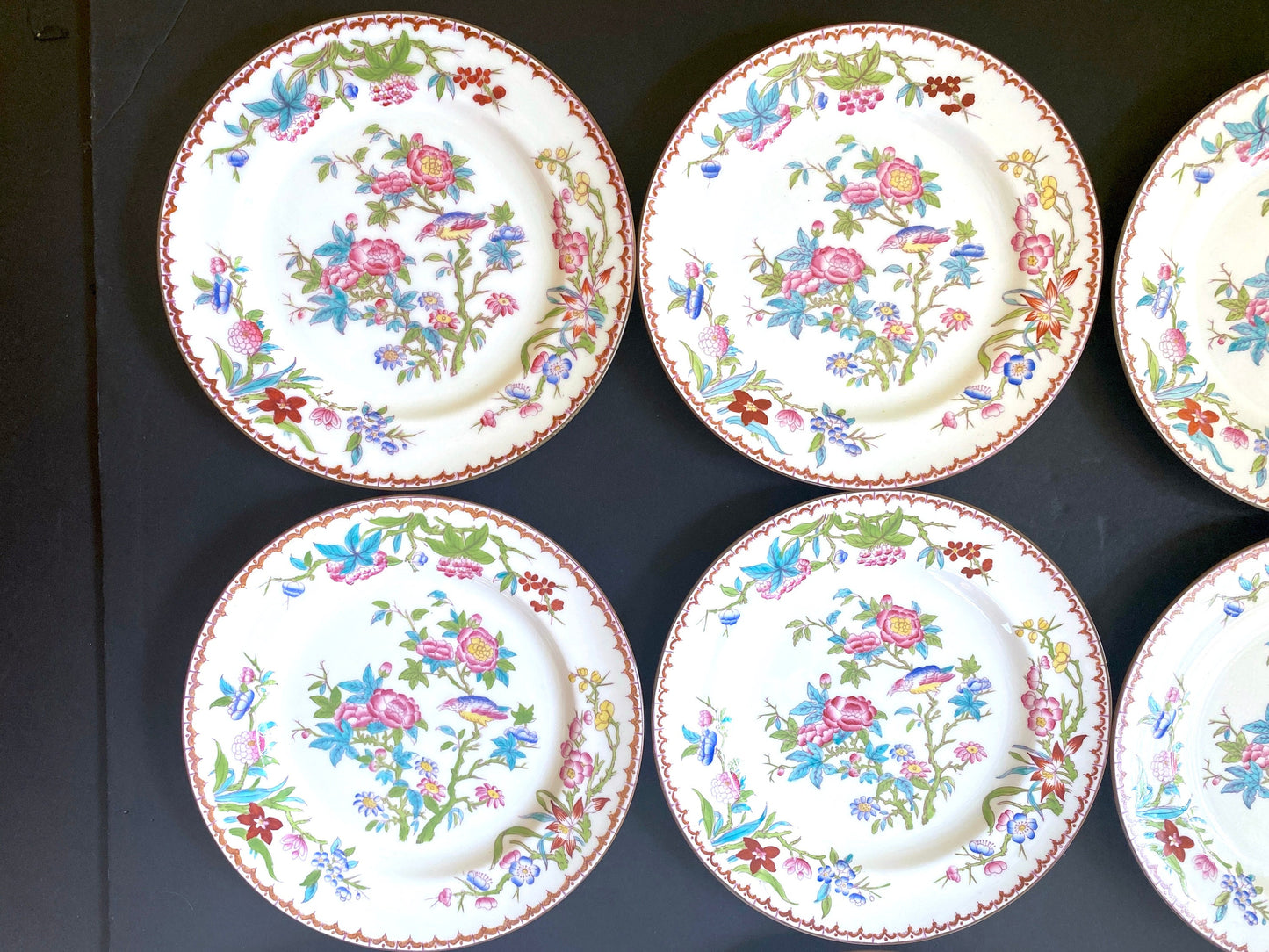 Set of 9 England Minton Pink Peony and Cuckoo Luncheon Plate 9” D , ca. 1920s.pattern number 3934, ca. 1920s