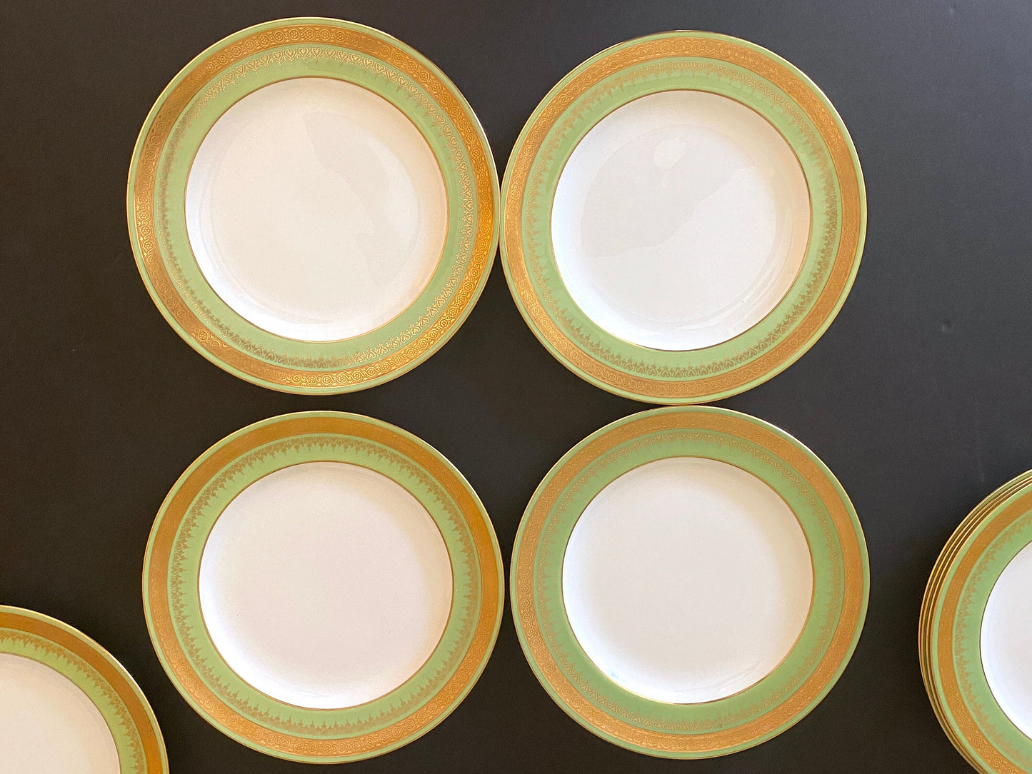 Antique Wedgwood dessert plates, set of 11, gold encrusted green border, 7 inches, bone china, circa 1900s, excellent