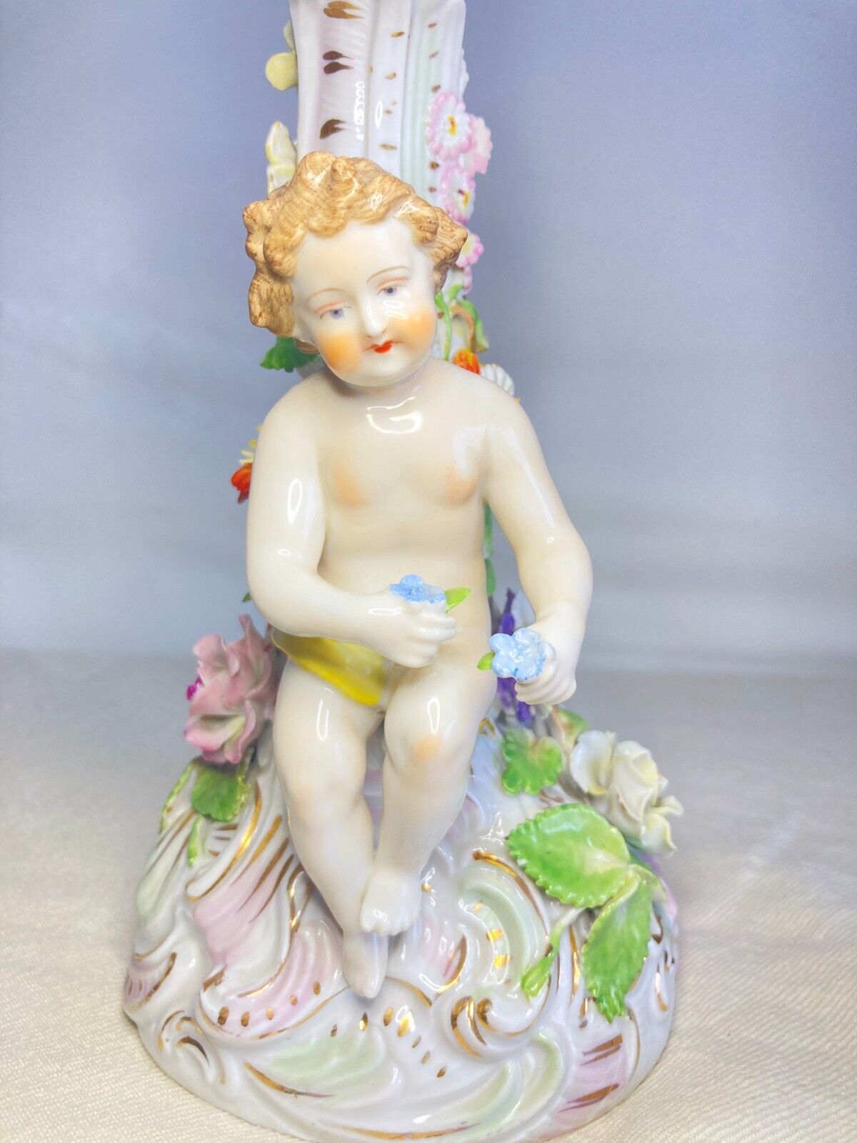 Carl Thieme Potschappel Dresden porcelain floral encrusted Figural centerpiece