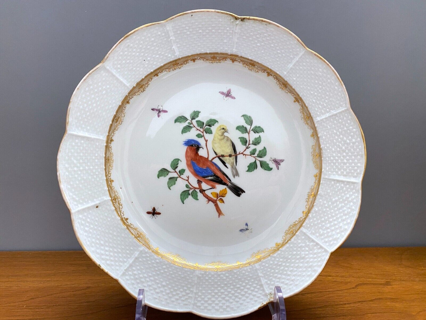 Set 2 x antique Meissen birds and insects plates, gilt rim, 8'',1800s, very rare