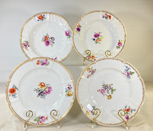 Set of 4 Meissen (1774-1815) floral painting and gold rimmed bowls/deep plates, hand-painted, relief floral pattern, 1st quality,collectible